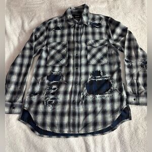 Hudson Jeans Blue and White Plaid Distressed Shirt